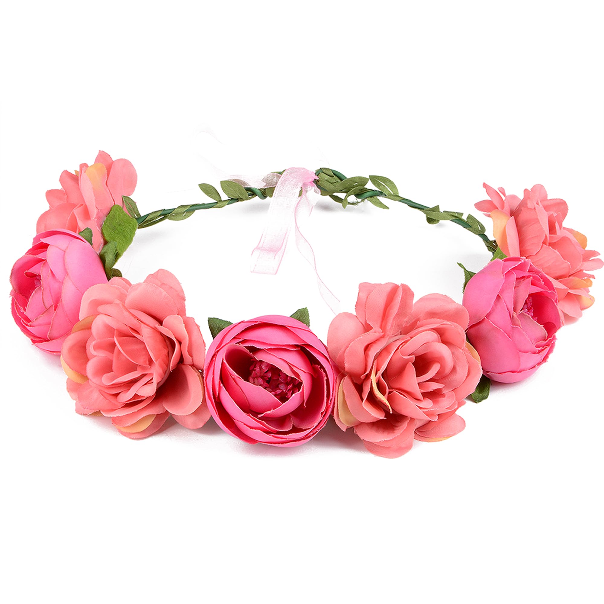 Flower Crown Rose Peony Garland Headband Hair Wreath Floral Headpiece with Adjustable Ribbon Wedding Festival Party (pink) โ image 1