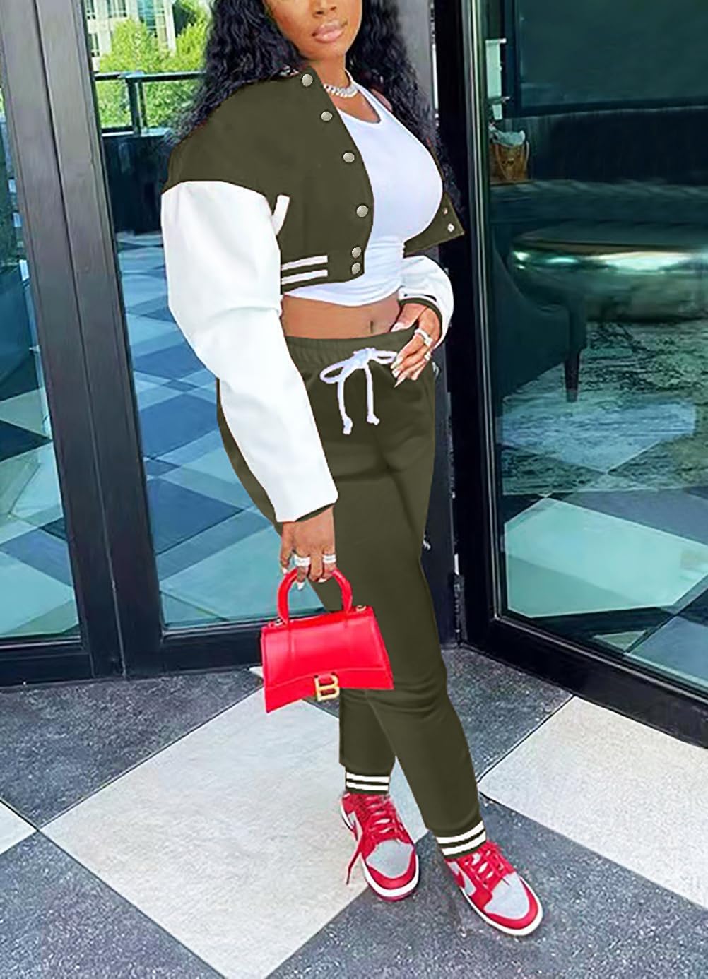 Fooullaide Women's Varsity Jacket Sweatsuit 2 Piece Tracksuit Crop Top Button Down Letterman Jackets Pants Sets - Image 3