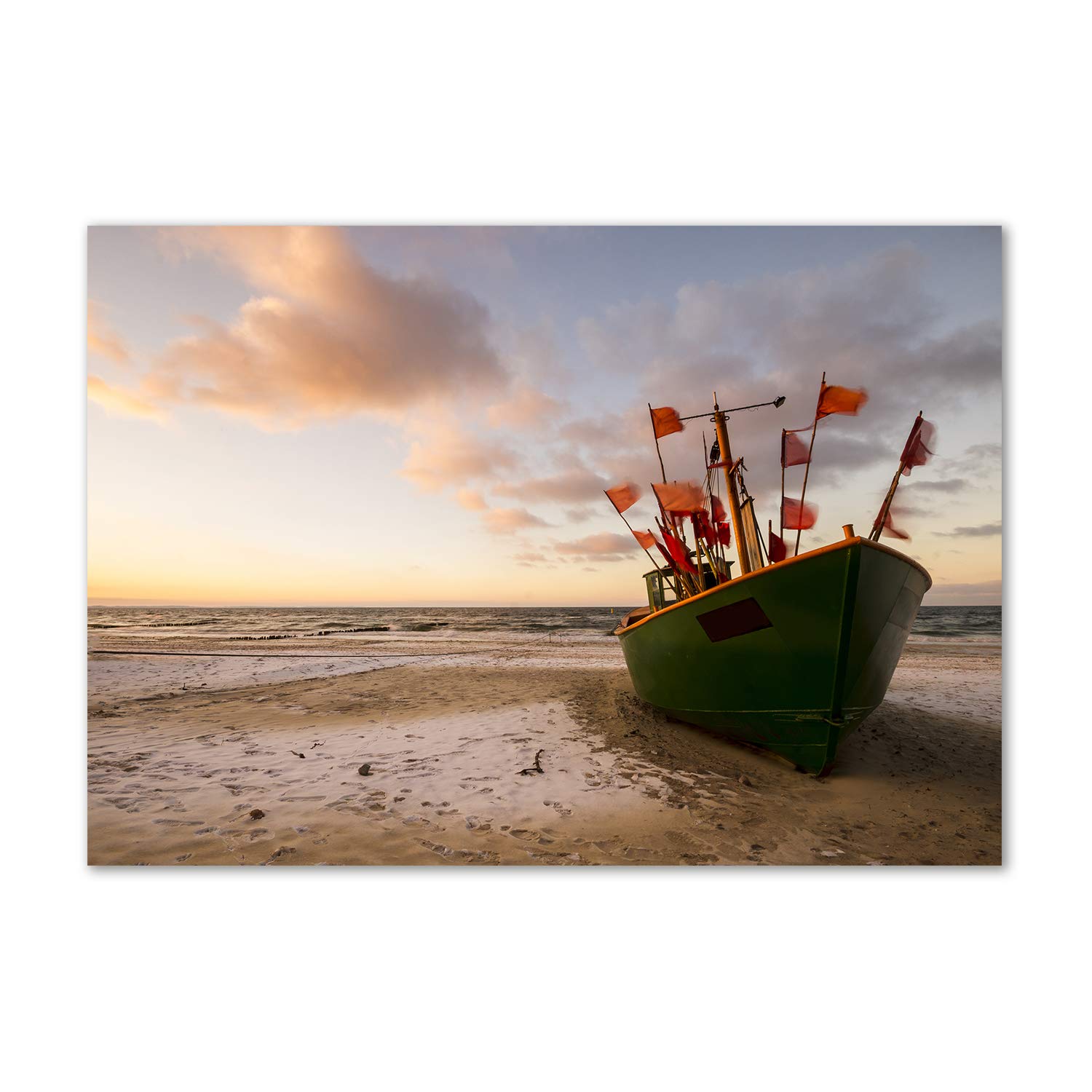 Image paysage de plage et bateau de pêche vert 100x70 cm tableau décoratif mural