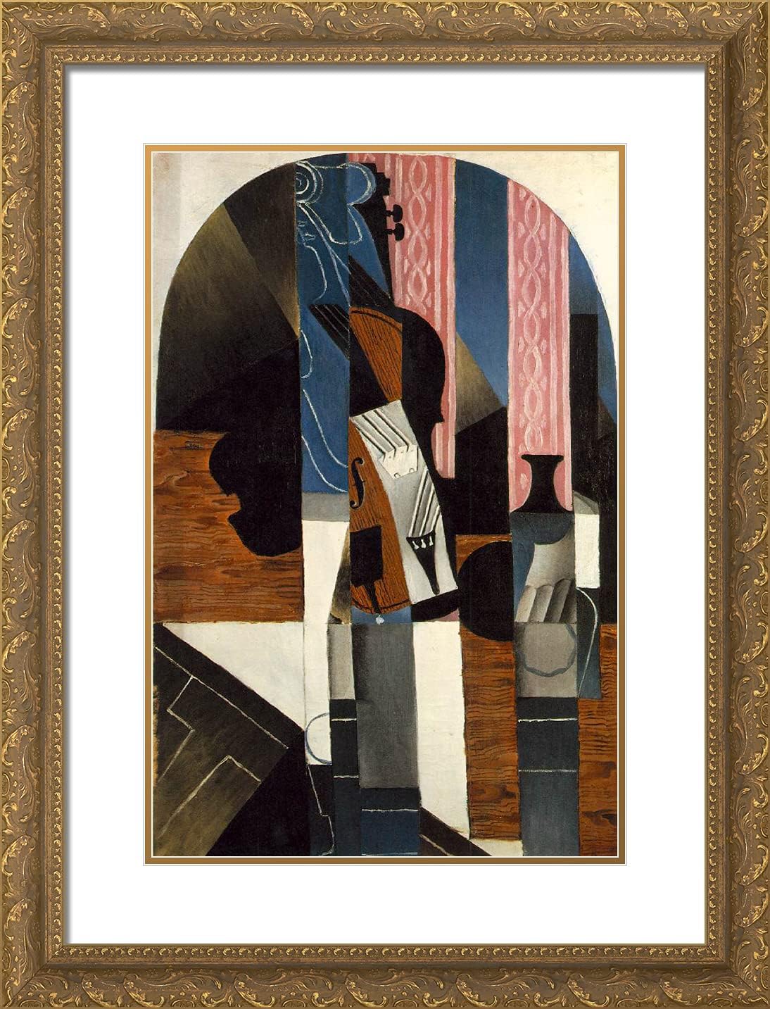 ArtDirect Gris, Juan 19x24 Gold Ornate Framed Art Print with Double Matting Titled: Violin and Ink Bottle on a Table