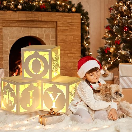 Miniatura 2 de Decoraciones navideñas iluminadas para interiores  3 cajas de papel blanco huecas con cuerda de luz cálida, decoración navideña de chimenea navideña