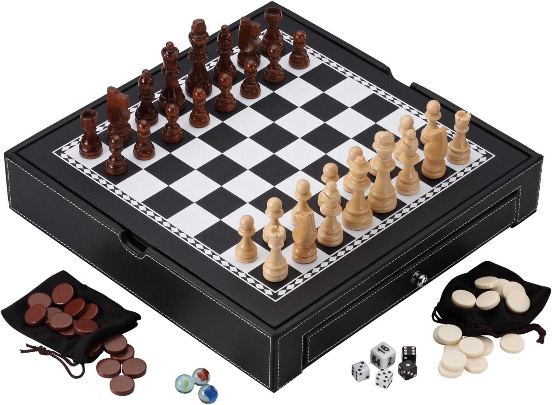 Mainstreet Classics Broadway 5-in-1 Combo Board Game Set: Chess, Checkers, Backgammon, Chinese Checkers, and Dice Games
