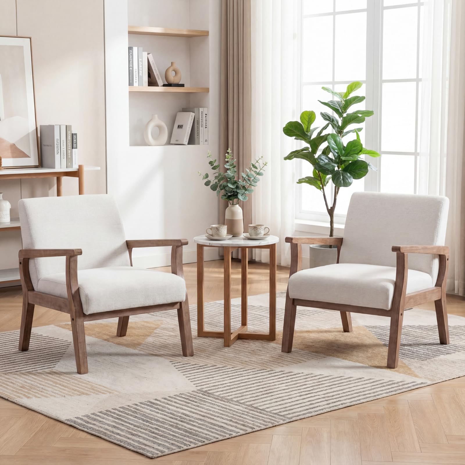 BESTANO Mid Century Modern Accent Chair Set of 2, Linen Upholstered Living Room Accent Armchair with Wood Frame, Farmhouse Chair for Living Room