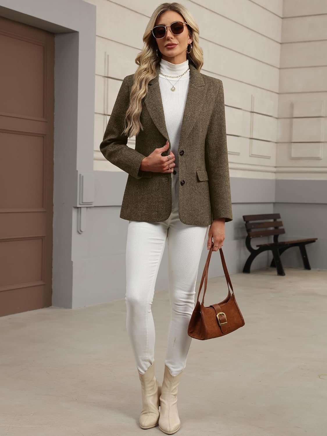 ELLEVEN Womens Wool Blend Tweed Warm Blazers Herringbone Business Casual Fall Winter Oversize Suit Jacket - Image 5