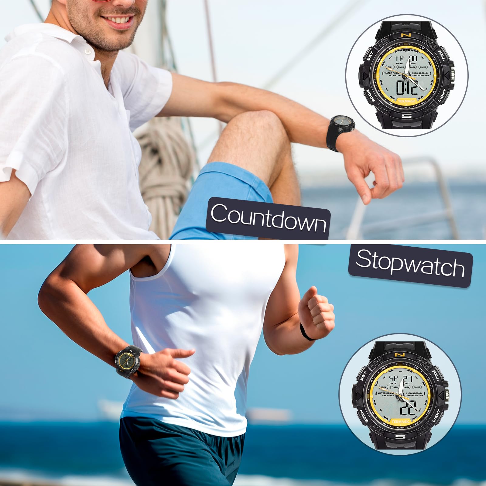 Robuste Sportuhr für Herren mit Digitaler und Analoger Anzeige, 10 Atmosphärischer Druck Wasserdicht zum Schwimmen und Tauchen, Wecker, Stoppuhr, Countdown, Zweite Zeitzone, Kalender