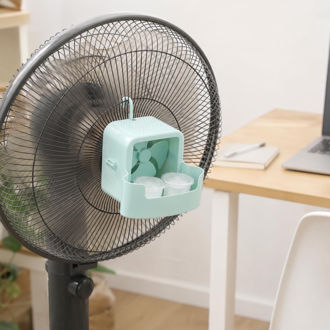 Hanging Fan Cooling Attachment with 4 Ice Cups, Mint Plastic No-Drill Fan Cooler Accessory for Home Office Dorm (Blue)