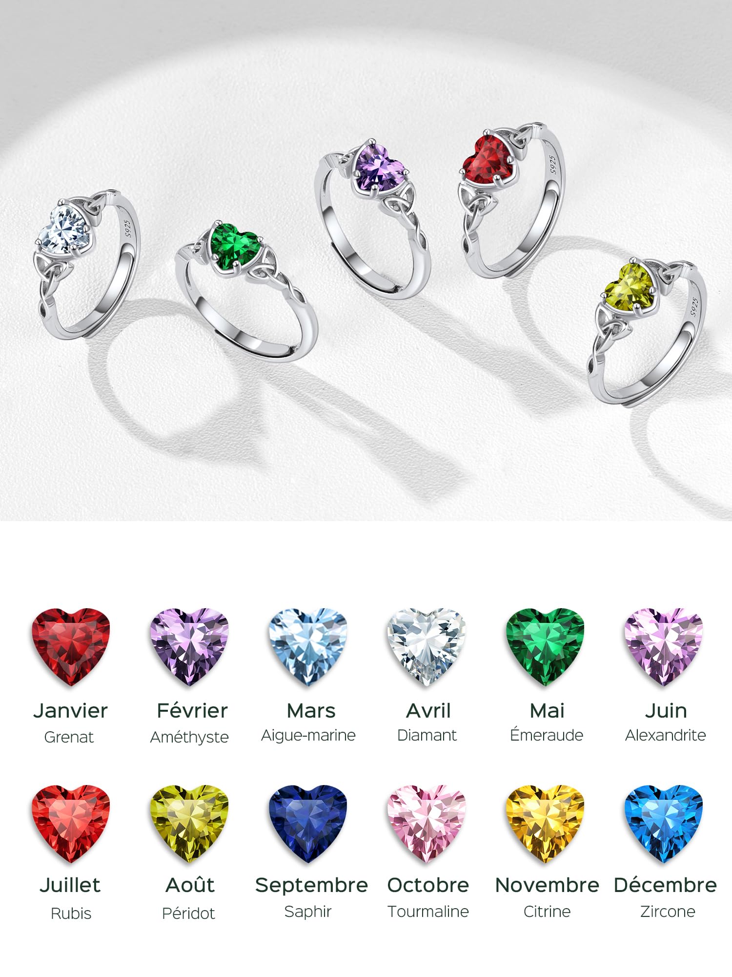 ChicSilver Bague Femme Argent 925 de Taille Réglable, Bague Couple Anneau Fiançailles avec Pierre Coeur et Celtique, Bijoux Brillant Cadeau Femme pour Noël Saint-Valentin Anniversaire