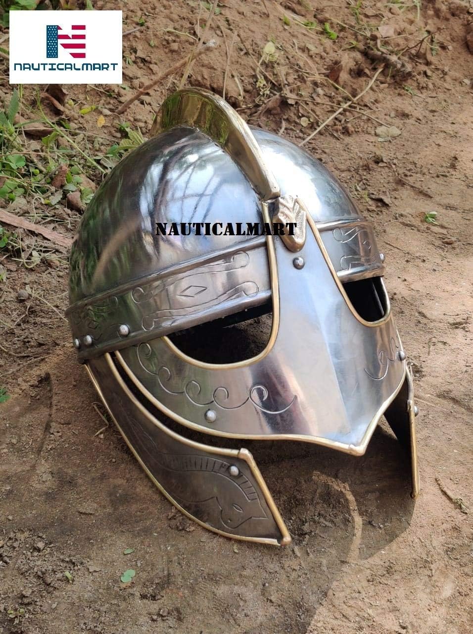 NauticalMart Armor Helmet Viking Wolf - Halloween Costume Medieval Metal Knight Helmet with Brass Accents Handcrafted Armor Helm Wearable for Adult Movie Dress Larp