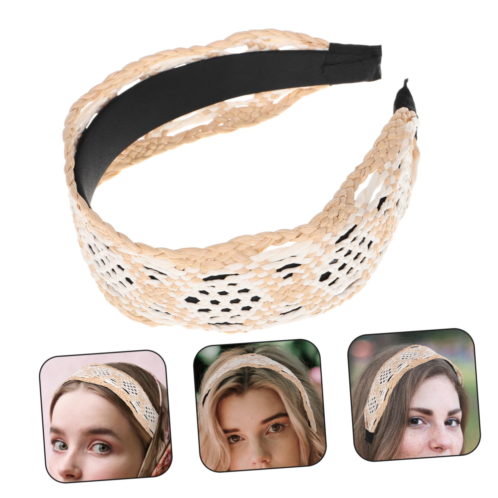 Bandeau Large en Raphia Beige, Serrage-tête Rétro pour Femmes