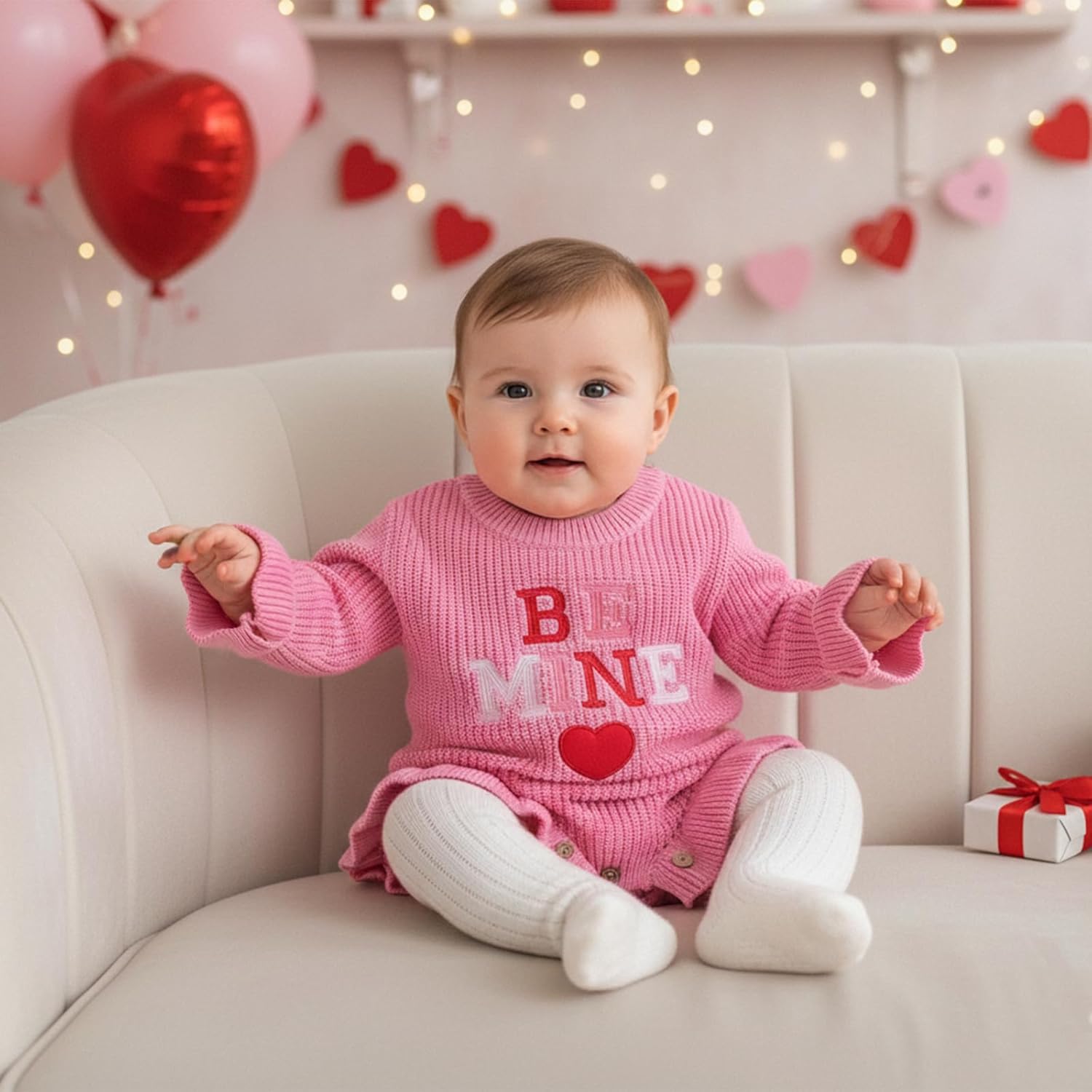 Newborn Infant Baby Girl Valentines Day Outfit Embroidery Knit Sweater Romper Long Sleeve Ruffle Bodysuit Jumpsuit - Image 3