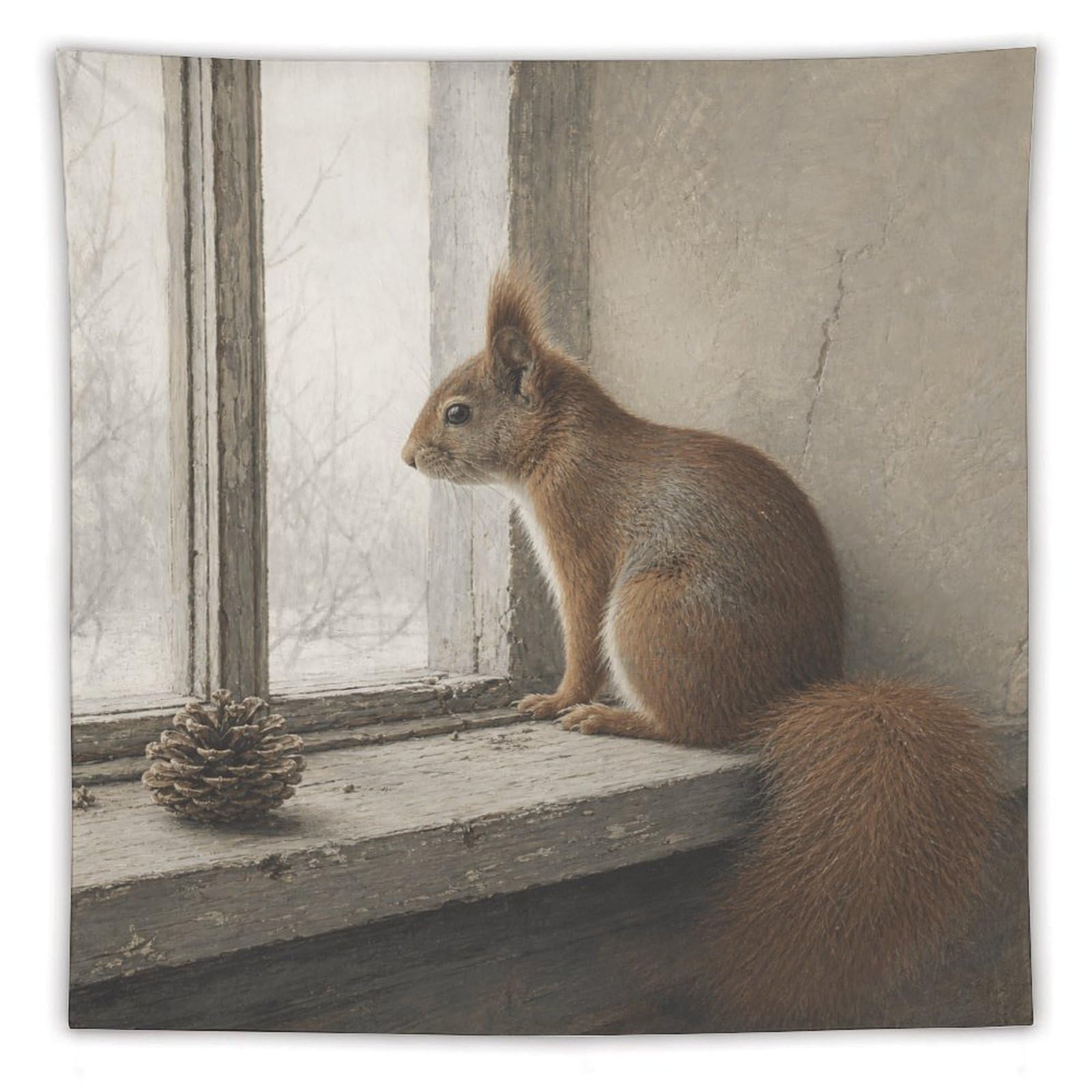 W7C8U2X3 Squirrel at Window Wall Tapestry, Realistic Illustration, Entryway