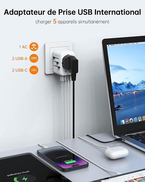 NOVOO Adaptateur de Voyage Universel Adaptateur Prise Universelle PD 21W avec 2 USB et 2 Type C Adaptateur Universel France v - 3