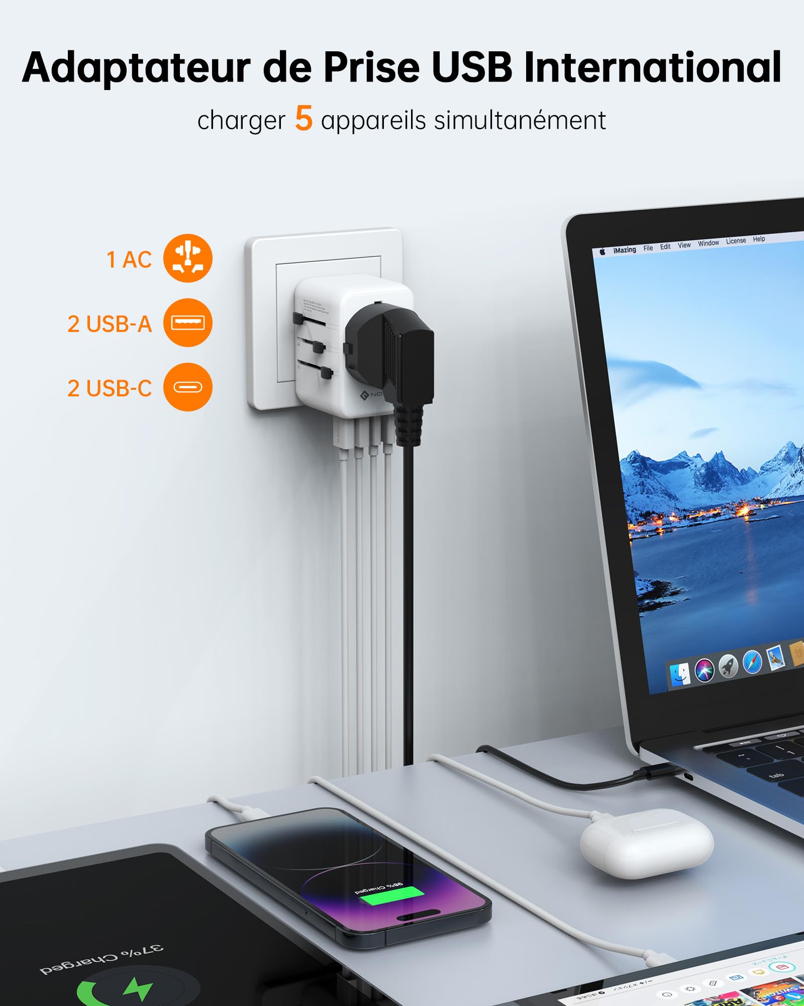 NOVOO Adaptateur de Voyage Universel Adaptateur Prise Universelle PD 21W avec 2 USB et 2 Type C Adaptateur Universel France vers USA UK Allemagne Australie Chine Japon