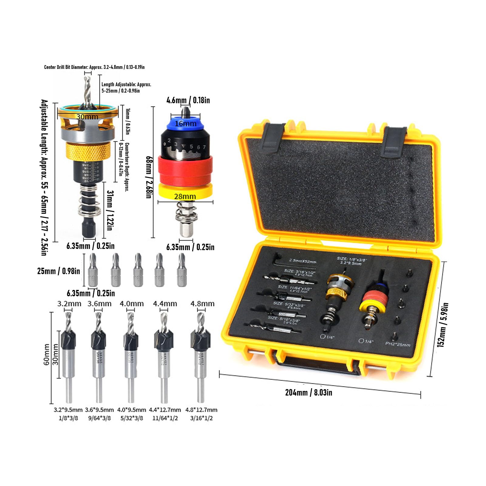 Cryfokt Juego de Brocas Avellanadoras, Brocas Cónicas de 3,2 a 4,8 Mm con Ajuste de Profundidad Semiautomático, Collar de Tope de Profundidad Ajustable, para Carpintería