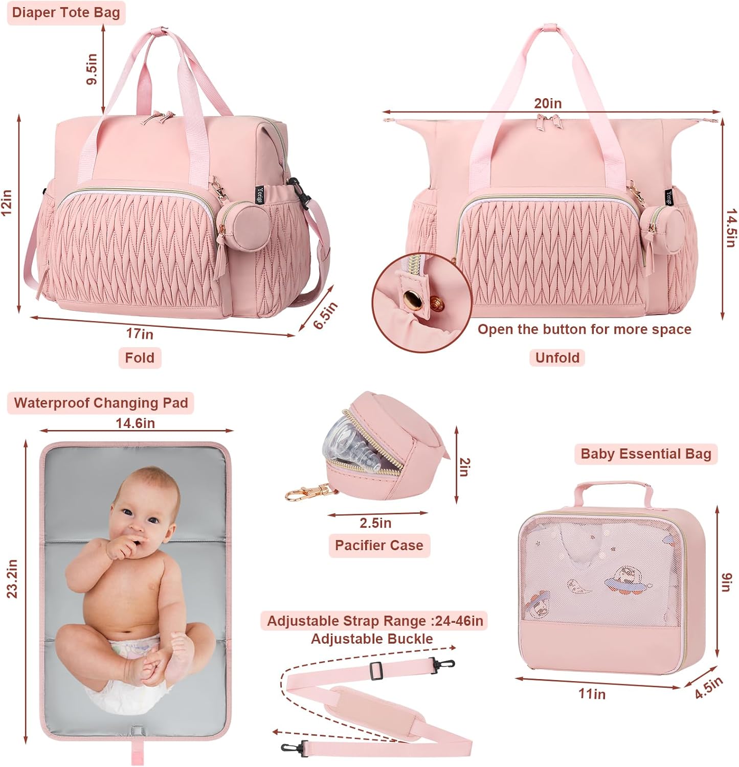 Yorige Diaper Tote Bag for Baby 6pcs, Large Mom Hospital Bags with Changing Pad Pacifier Case for Labor Delivery Boy Girl