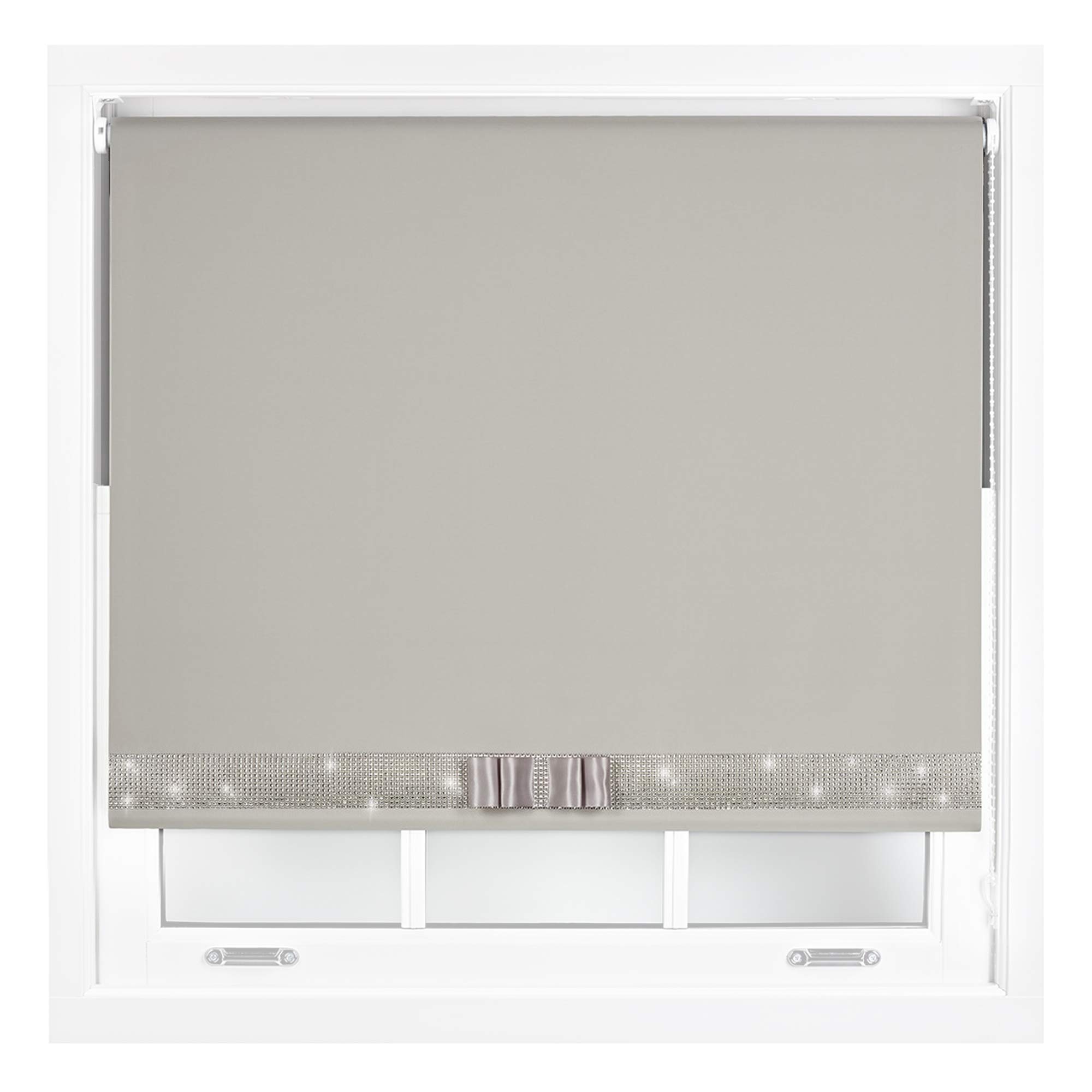 Furnished Grey Diamante Blackout Blinds With Bow - Decorative Diamond Sparkle Design Roller Blind Cut To Size Up To 210W X 165L Cm