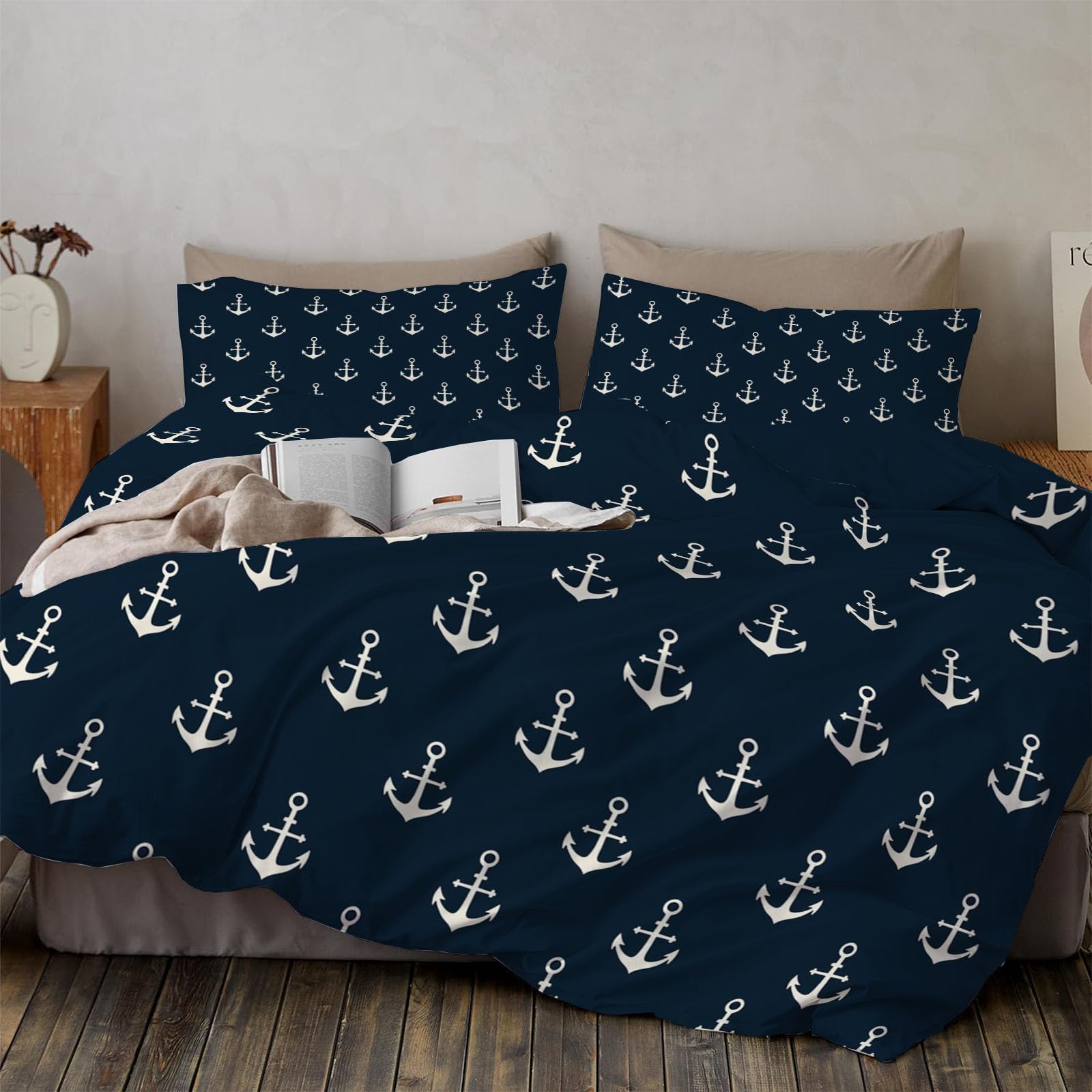 Housse de couette 220x240 cm navigation art avec 2 taies d'oreiller literie bleue