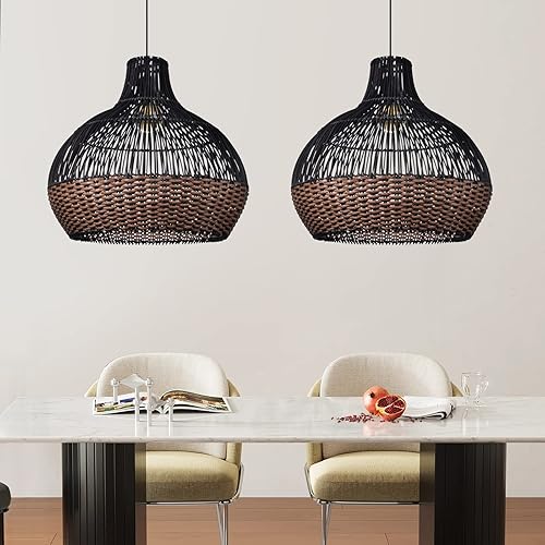 Miniatura 2 de Arturesthome Luces colgantes de ratán negro, lámpara de mimbre estilo bohemio, accesorio de iluminación de cesta, lámpara colgante grande de tejido