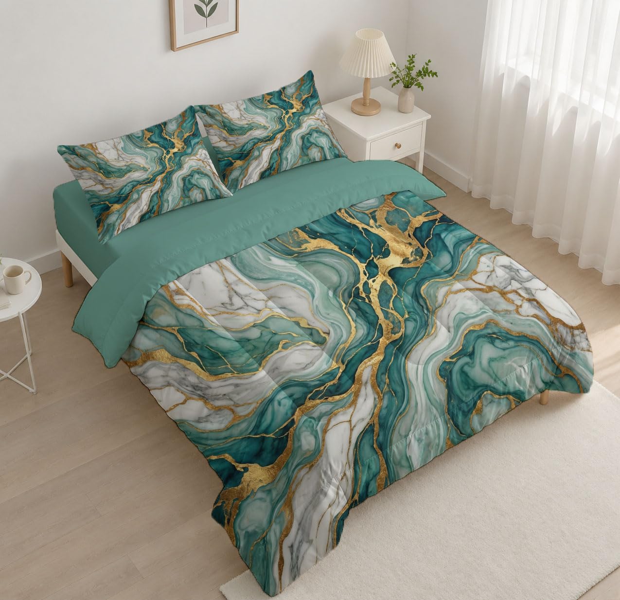 Vergoldet Marmor Bettdecke 140×200 cm | 4 Jahreszeiten Blattgold Crack Steppdecke mit 1 Kissenbezug 80x80cm, Waschbar Ganzjahresdecke - Grün Gold