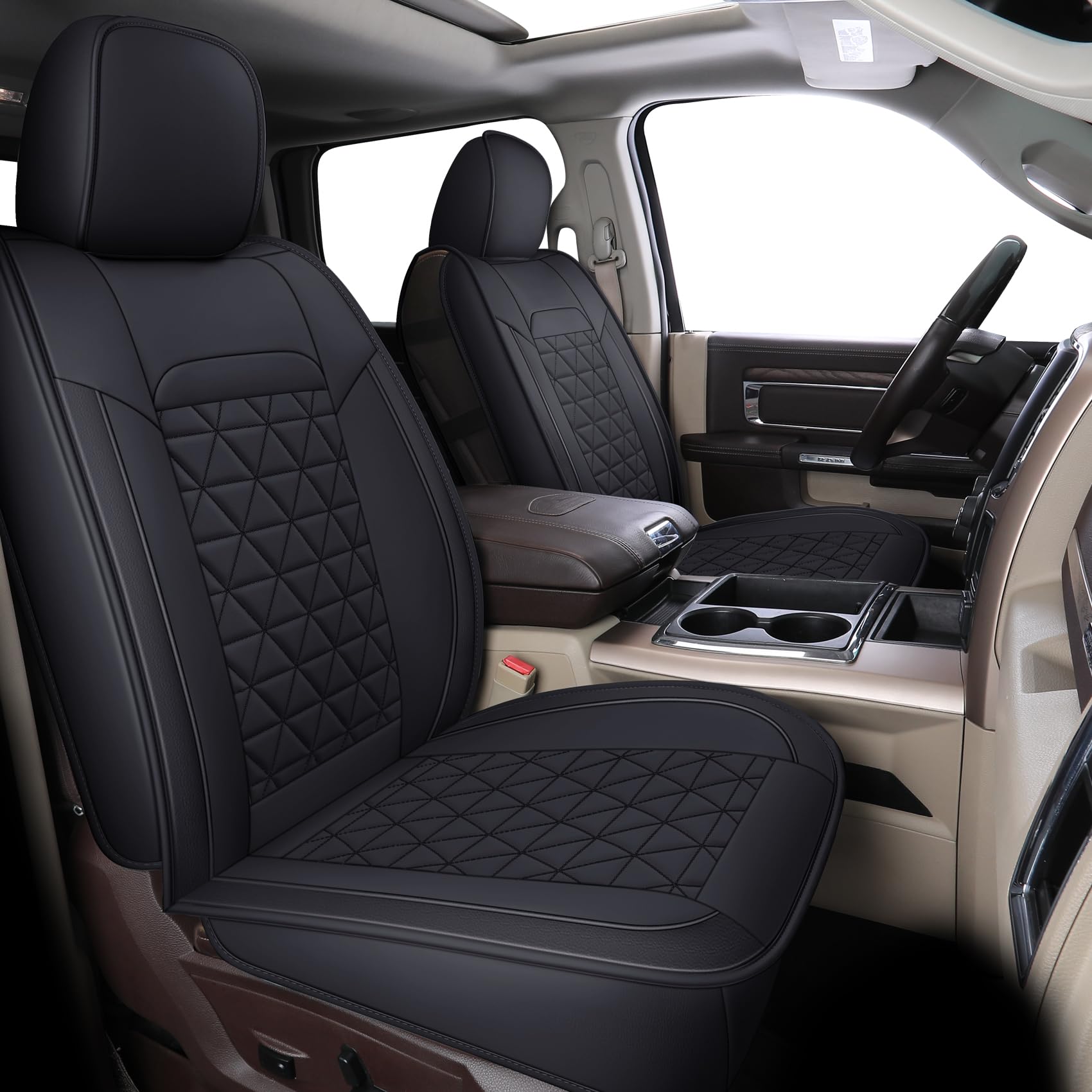 Coverado Ram Seat Covers Full Set, Waterproof Ram 1500 Seat Cover Compatible with 2002-2025 Dodge RAM 1500 2500 3500 Crew Quad Cab with Curved Bench, Black