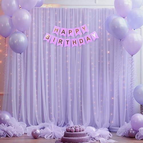 Miniatura 7 de Cortina de telón de fondo de tul morado de 10 x 10 pies con cadena de luces para fiestas, cortinas de fondo transparentes para bodas, baby shower,