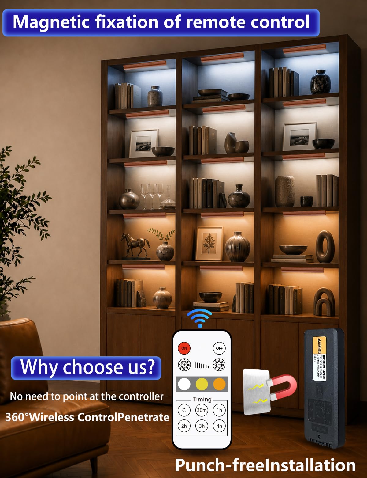 Luci per armadietto, luci LED per armadio, ricarica USB wireless (colore legno, confezione da 2 da 31 cm)
