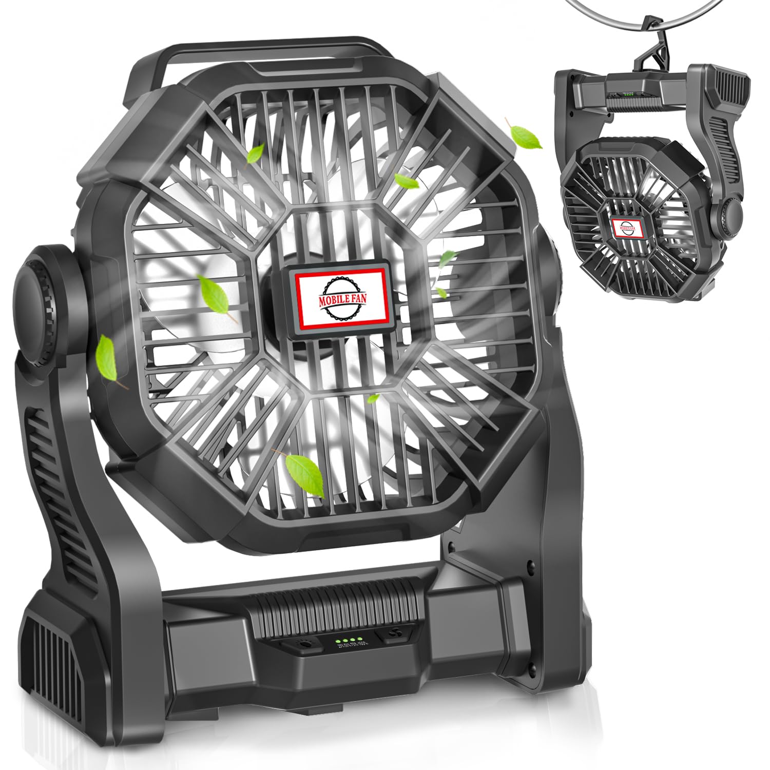 AEscod Portable Camping Fan, Rechargeable Battery Operated with LED Lights, Hanging Hook, 270°Rotation, 20000mAh Battery Powered Fan for Beach, Office, Picnic, Fishing, Travel, Tent