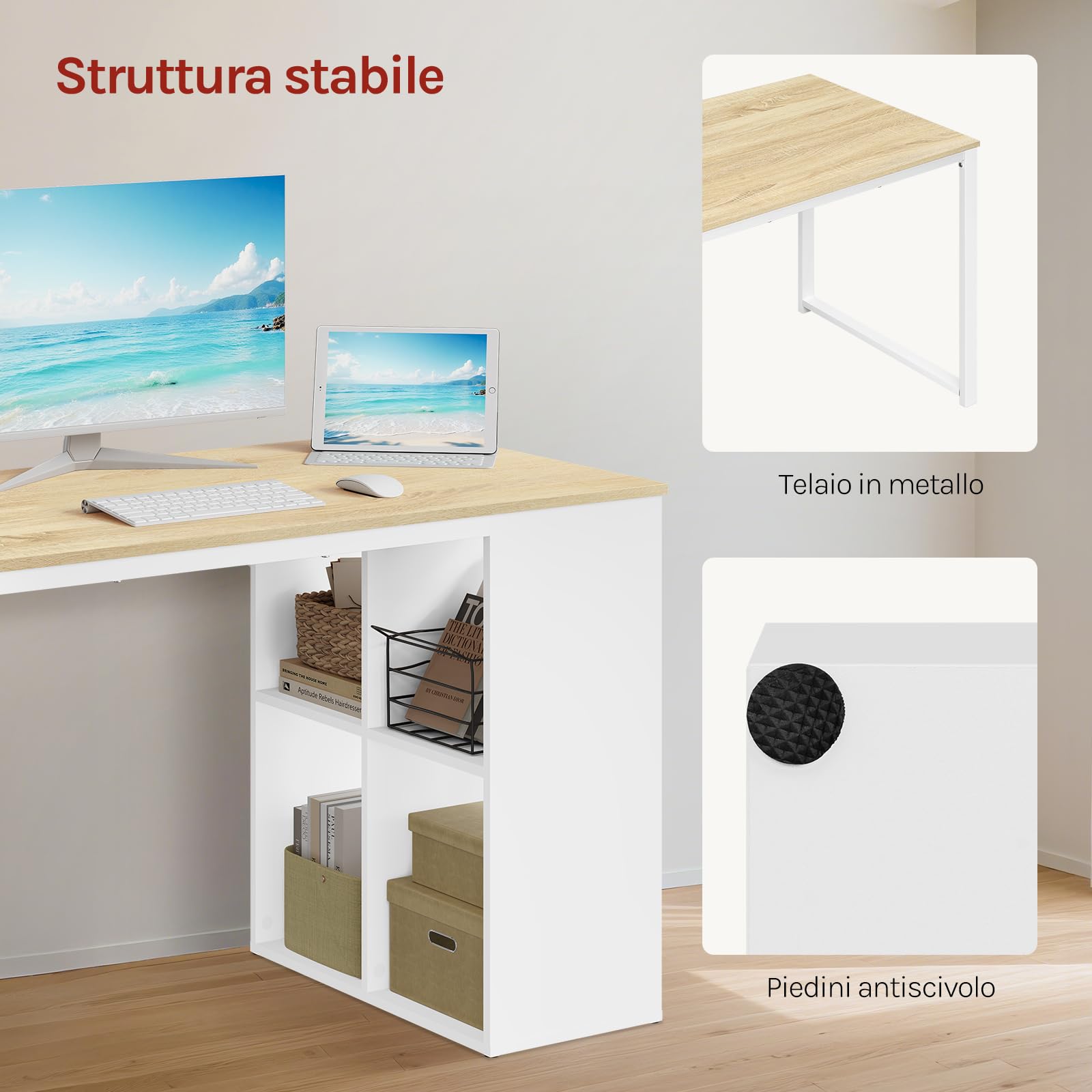 WOLTU Scrivania Ufficio Compatta con Libreria Integrata, 120x60x75 cm, Design Salvaspazio per Studio/Camera, Bianco+Rovere Naturale