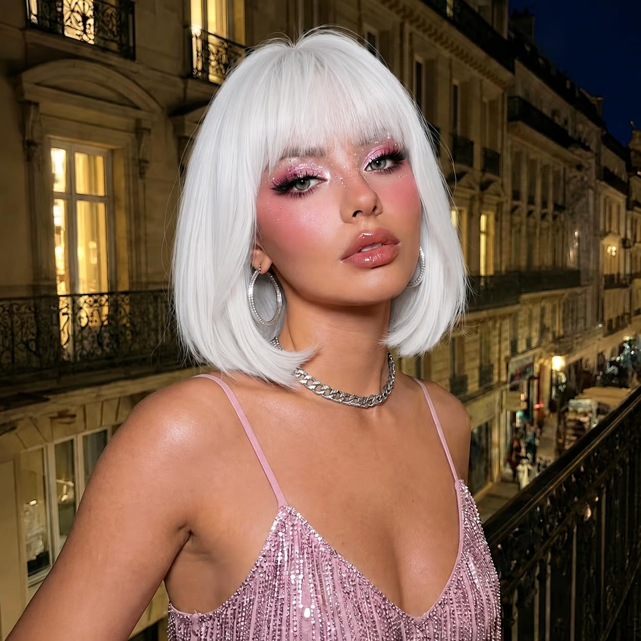 Photo 1 of NOVFLKW White Bob Wig with Bangs