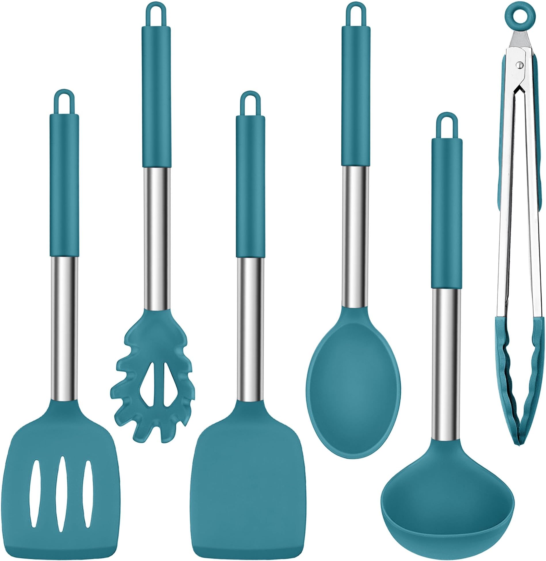 Kitchen Utensils Set, 6-Piece Silicone Cooking Utensil Set, Heat Resistant Stainless Steel Handle Cooking Tools, Non-Stick Silicone Spatula Turner Spoon Set, Easy to Clean - Blue