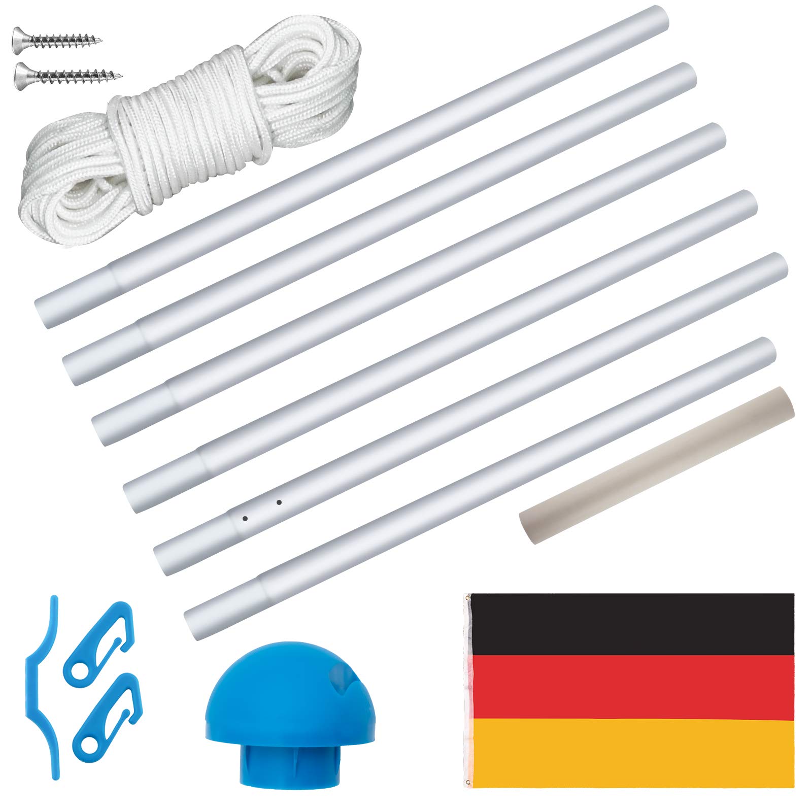 LZQ Mât de drapeau en aluminium - 6,50 m - Avec câble et douille de sol - 5 hauteurs différentes