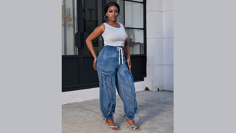 Symina Women's Baggy Cargo Jeans Wide Leg Denim Pants Drawstring