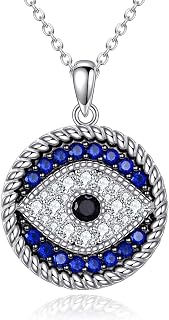 925 Sterling Silver Evil Eye Pendant Necklace for Women Greek Protection Jewelry with Blue Sapphire and Black CZ 18+2 Inch Chain Gift for Christmas, Valentine's Day, Mother's Day, Birthday