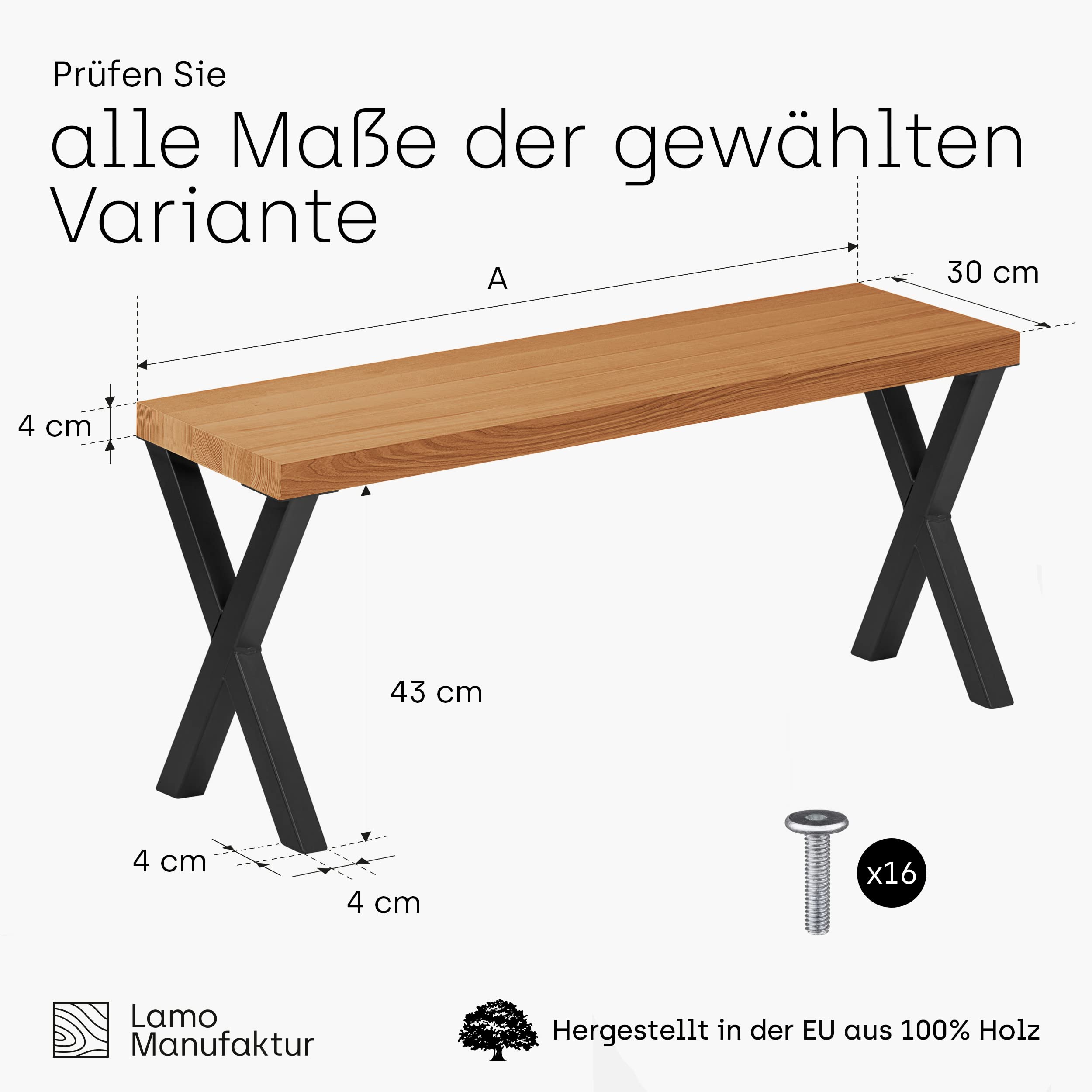 LAMO Manufaktur Panca per sala da pranzo 30x160x47 cm (Lar x Lun x Alt), gambe per mobili 30x160x47cm, gambe per mobili Design Nere/Seduta rustica