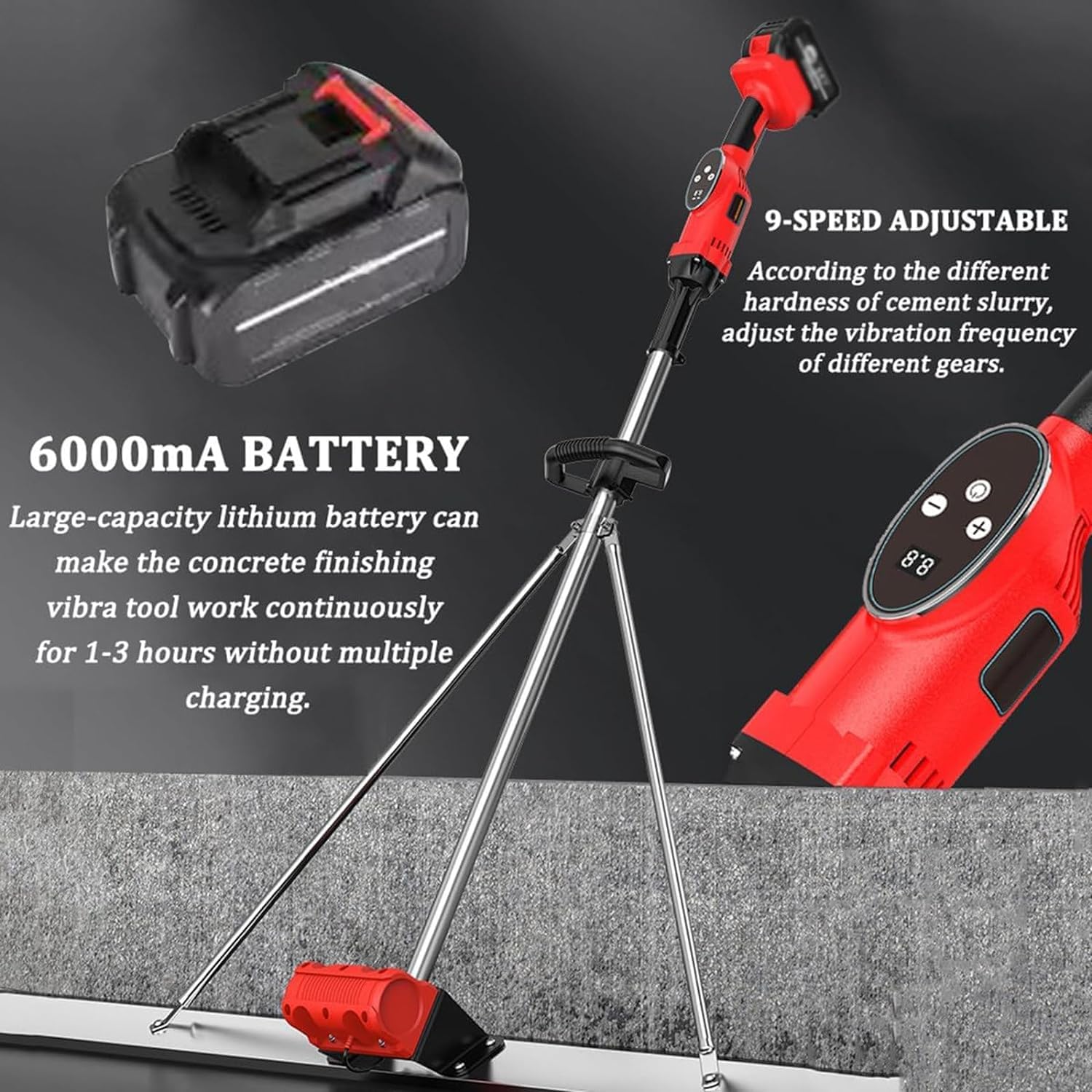 Outil vibrant pour béton,kit vibrant pour chape en béton électrique,règle de nivellement de surface en béton alimentée par batterie, Structure Fixe Triangulaire pour Chape en béton ,1.2M,2battery
