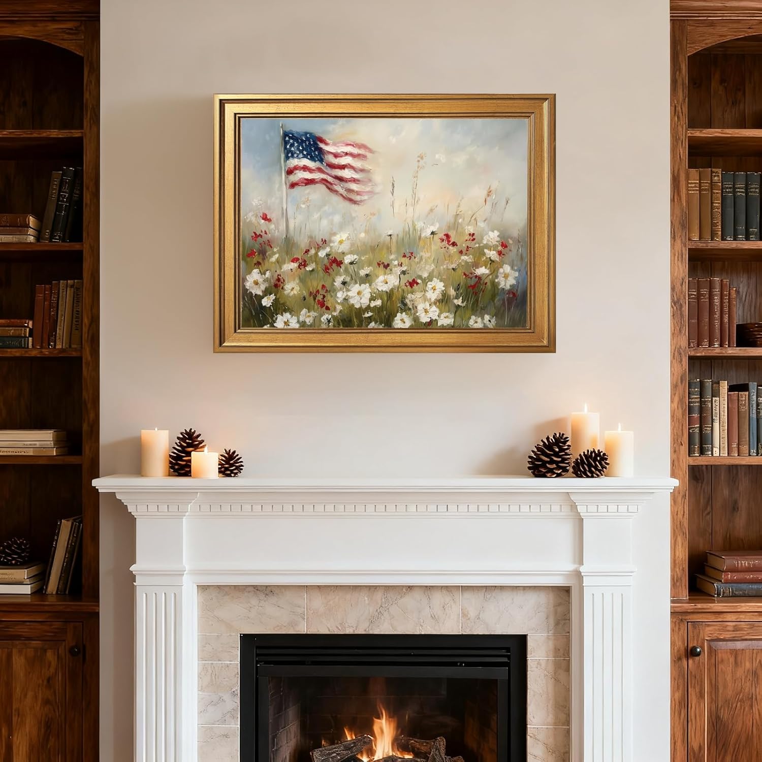 Framed Patriotic Flower American Flag Wall Art Canvas Print Vintage Floral Landscape Painting 4th of July Americana Decor USA Independence Day Artwork Picture for Living Room Office 12x16inch Gold
