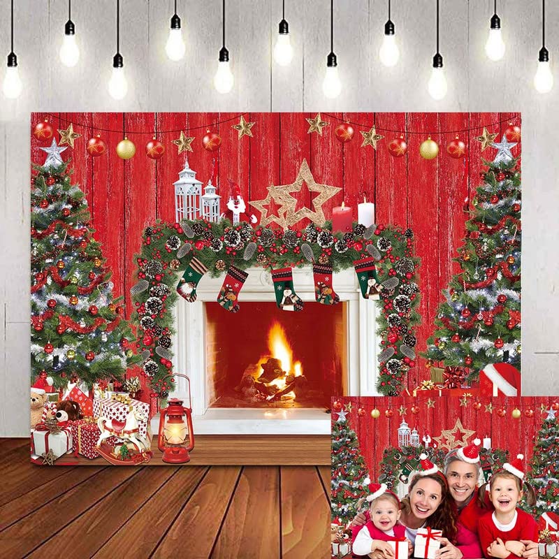 Photo 1 of Christmas Vintage Fireplace Backdrop Rustic Wood Xmas Tree Stockings Background Winter Holiday Family Party Photography Supplies (8x6FT)