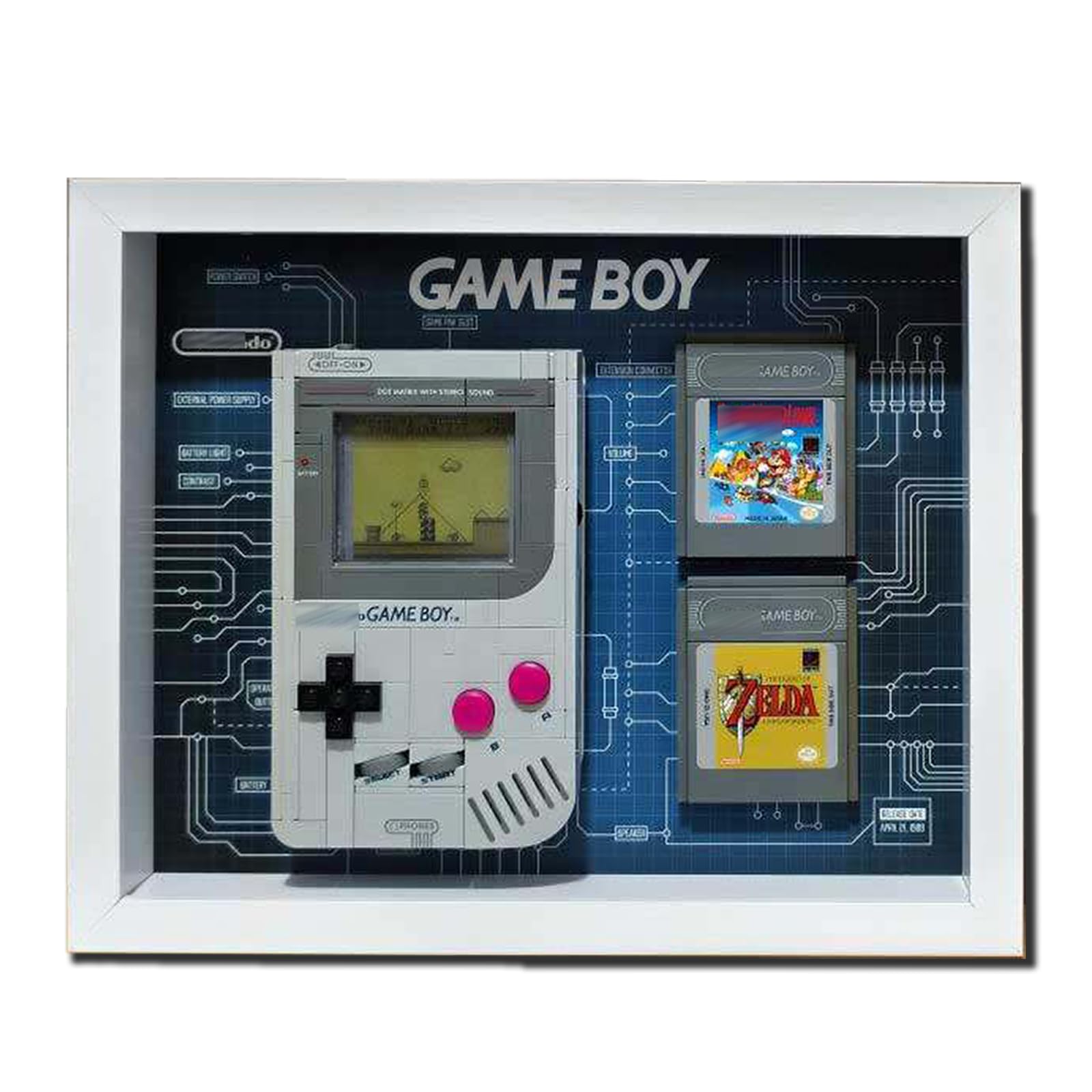 Tablica ścienna kompatybilna z Lego Game Boy oprawiona w ramę 72046 – ręczna konsola do gier, solidna ramka do montażu na ścianie do sal kolekcjonerskich, salonów i biur (biała)
