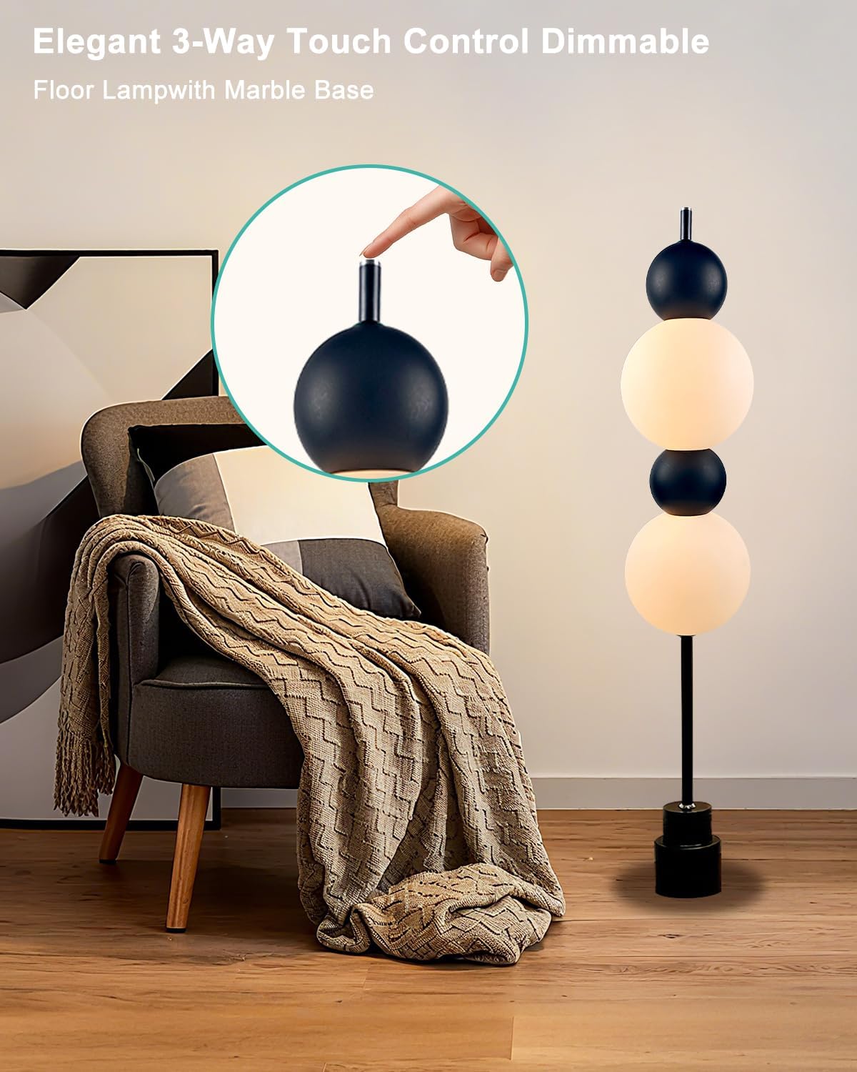 Lightdot Black Globe Floor Lamp with 3 Color Temperatures LED Bulbs Included,Dimmable Floor Lamps with Touch Switch,Unique Modern Standing Tall Lamp for Bedroom Living Room/Sofa Beside/Corner Decor