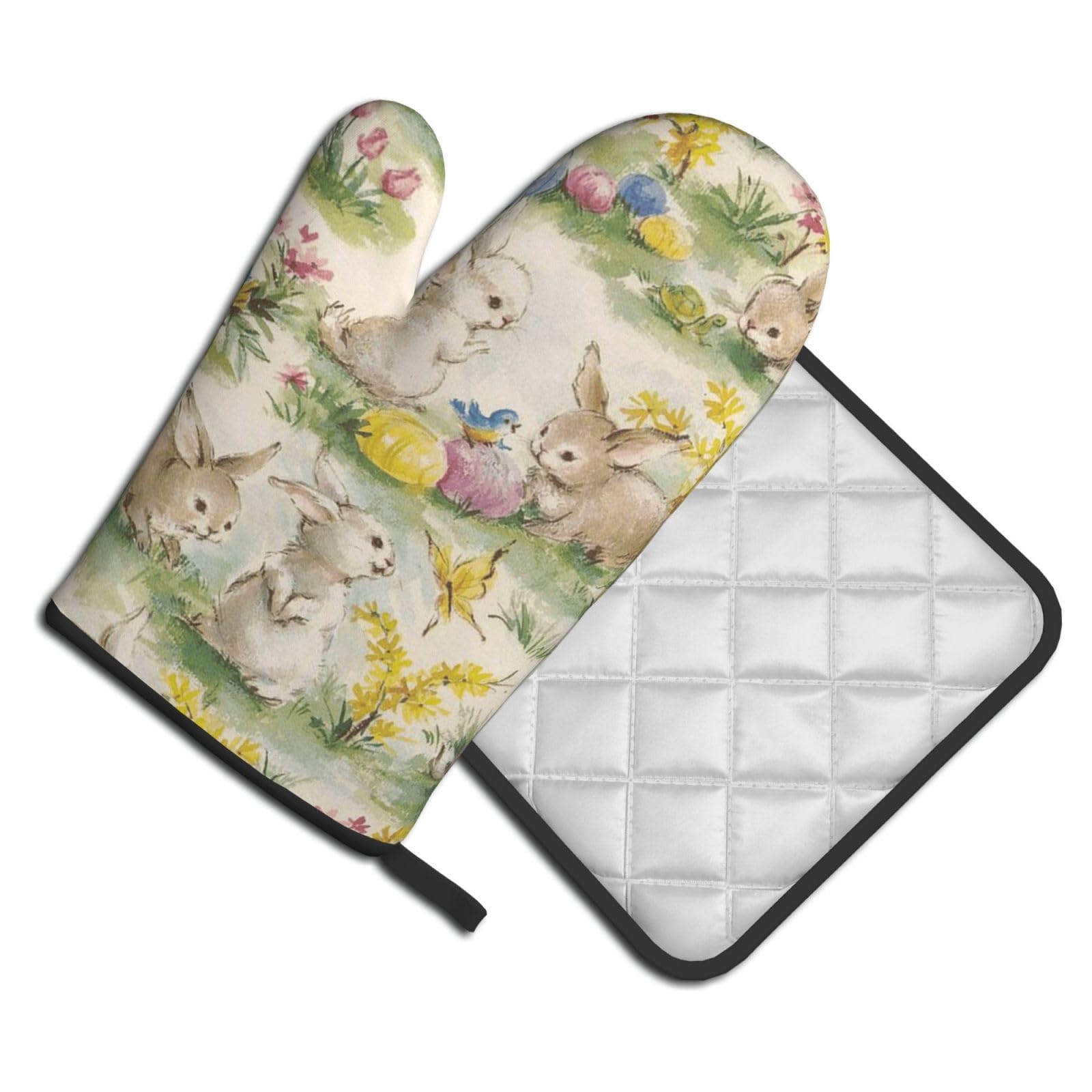 Oven Mitts and Pot Holders Set of 2 Pcs, Flower Rabbit Bunny Printed Heat Resistant Kitchen Gloves Potholders for Cooking Baking Grilling