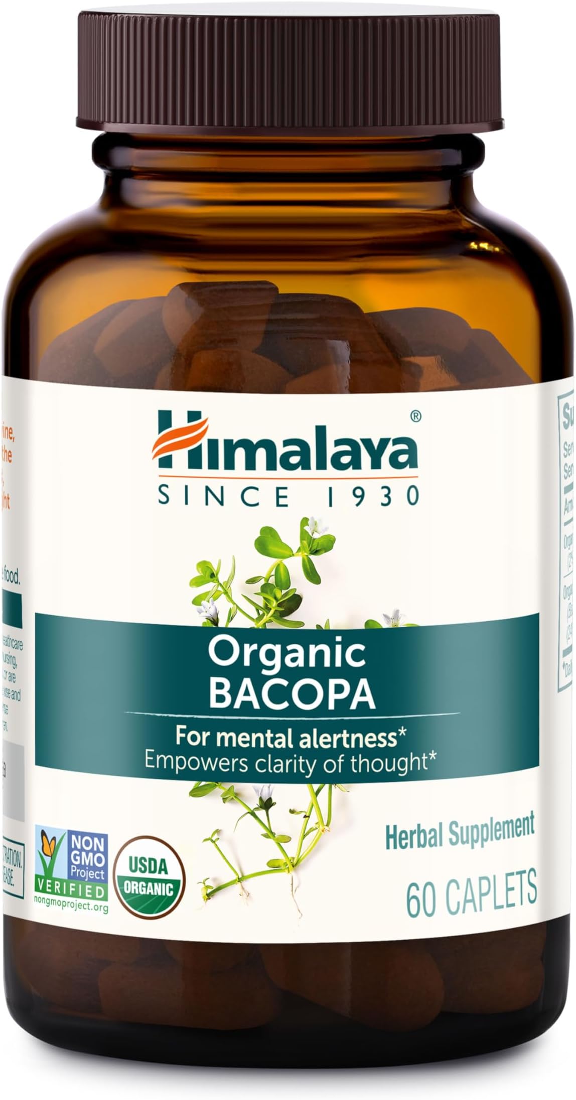 Organic Bacopa Monnieri Nootropic Herbal Supplement, Supports Calm, Memory, Cognition, USDA Certified Organic, Non-GMO, 750 mg, 60 Plant-Based Caplets, 60 Day Supply