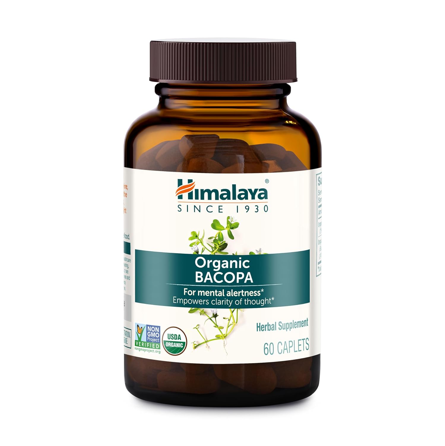 Himalaya Organic Bacopa Monnieri Nootropic Herbal Supplement, Supports Calm, Memory, Cognition, USDA Certified Organic, Non-GMO, 750 mg, 60 Plant-Based Caplets, 60 Day Supply