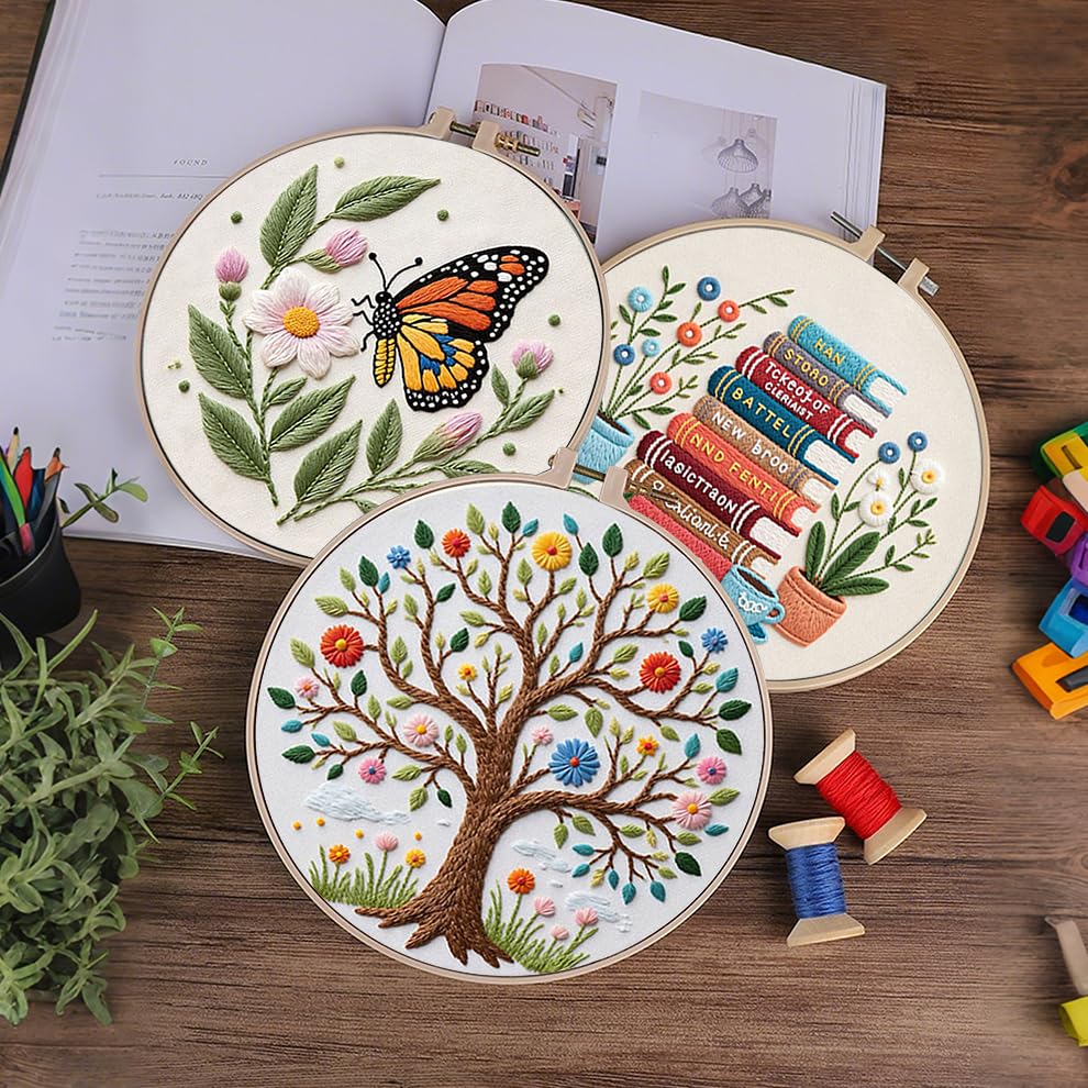 Image of KEKEMEOW 3 Sets Embroidery Kit for Beginners, Stitches with Books and Flowers, Embroidery Stitch Practice kit for Adults Craft Lover, Cross Stitch Kit with Pattern、Instruction、Hoop