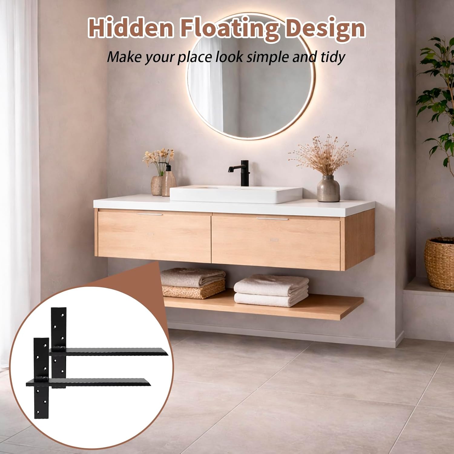 18 Inch Free Hanging T Shelf Bracket Holds 350lbs, 1/2'' Thick x 2.5'' W Floating Bench Bracket Heavy Duty, Hidden Countertop Support Brackets for Bathroom Granite Kitchen Bar Desk Garage, 2 Pack