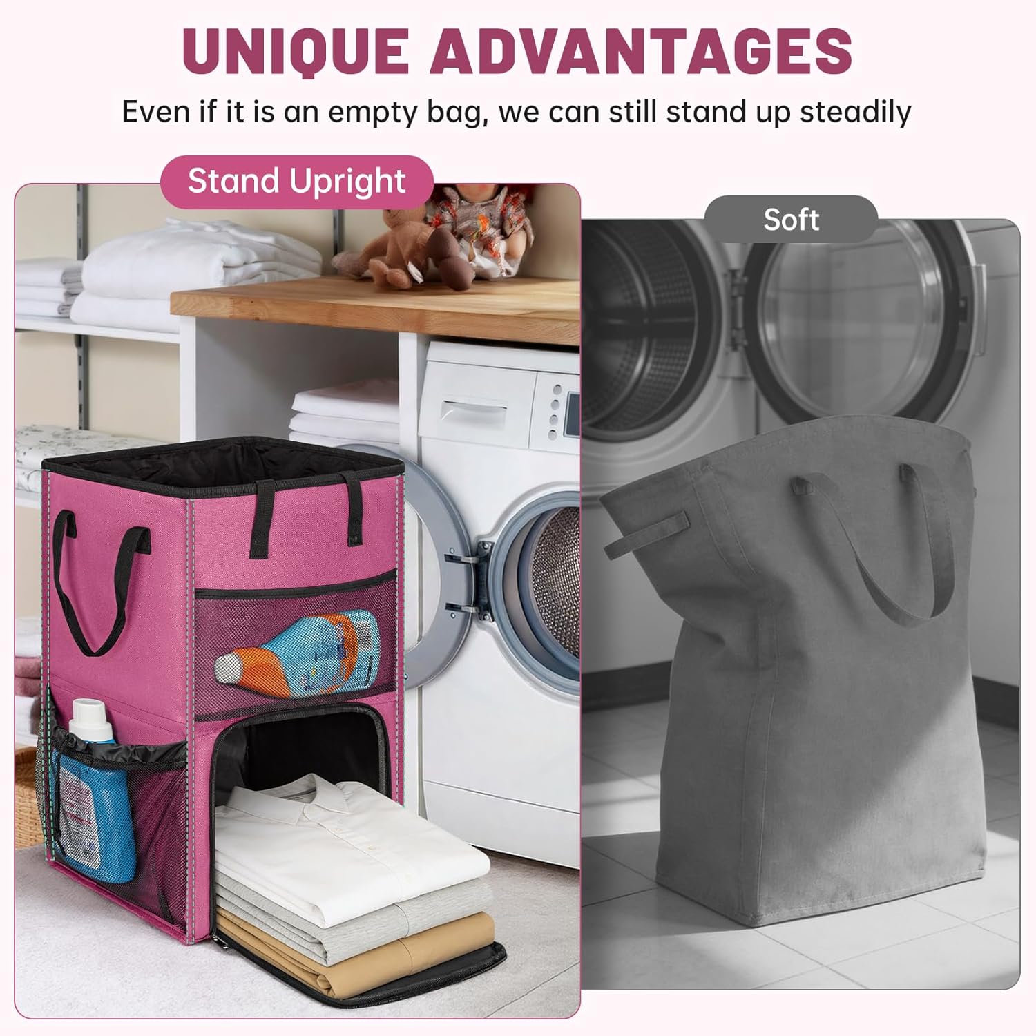 160L Laundry Backpack Bag with 3 Sizes Mesh Wash Bags Empty, Extra Large 2 in 1 Laundry Hamper Basket with Shoulder Straps, Freestanding Laundry Bag for College Dorm, Laundromat, Apartment (Pink)