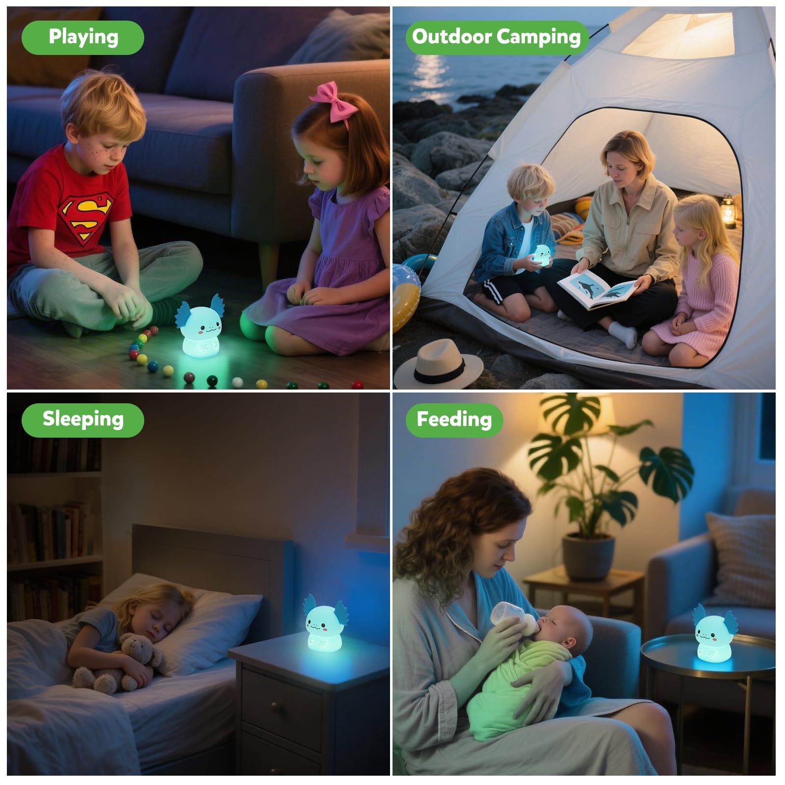 Bonita luz nocturna de ajolote para niños, 7 colores cambiantes y 3 niveles de brillo ajustables, lámpara de noche de silicona recargable, lámpara de noche de animales para habitación de