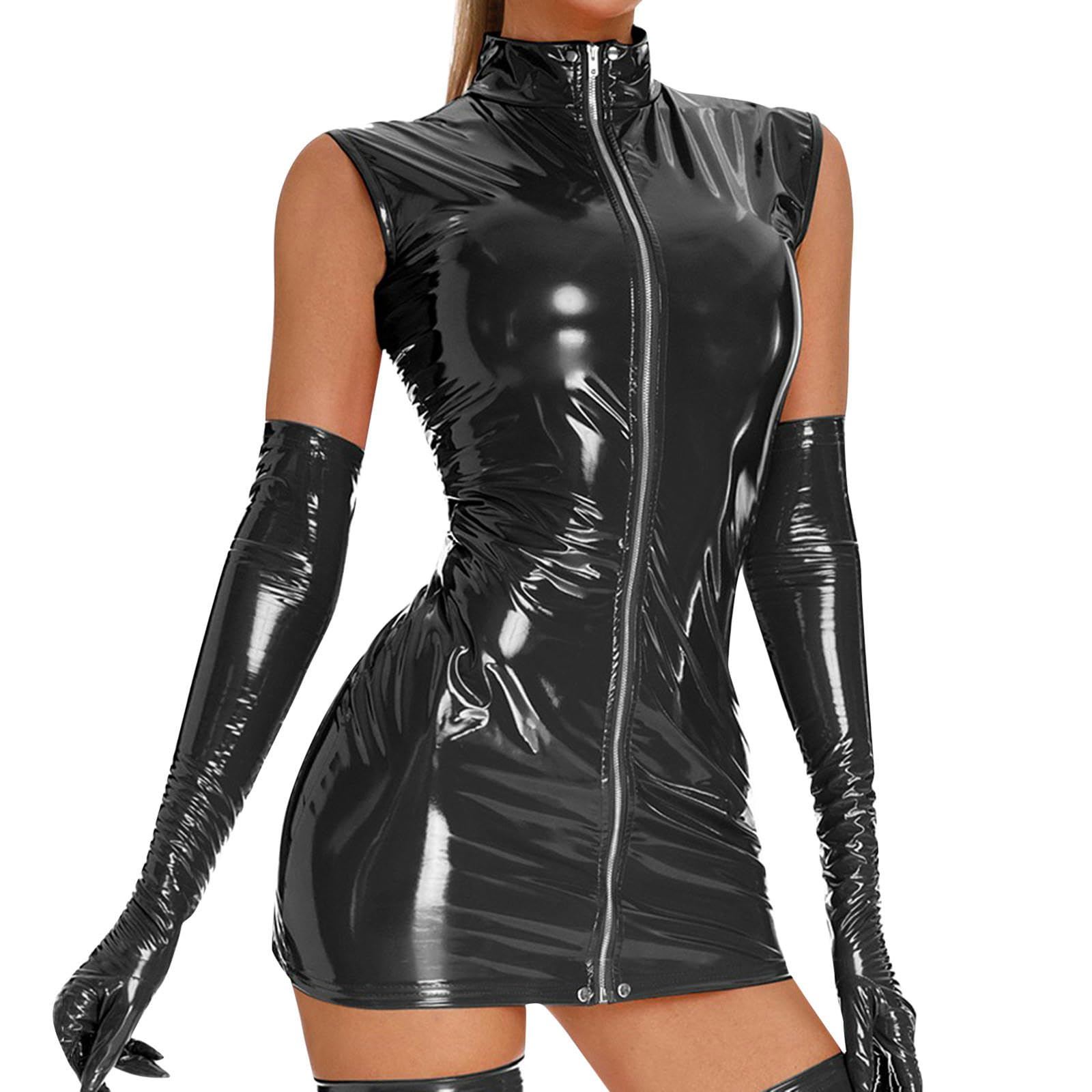 WEITING Tallas Grandes Mujeres Sexy Wetlook PU Mini Vestido de Cuero Sintético Vestido de Noche de Látex Brillante Bolso Ajustado con Cremallera Vestido Corto a la Cadera Disfraces Sexy-Rojo-XXXL