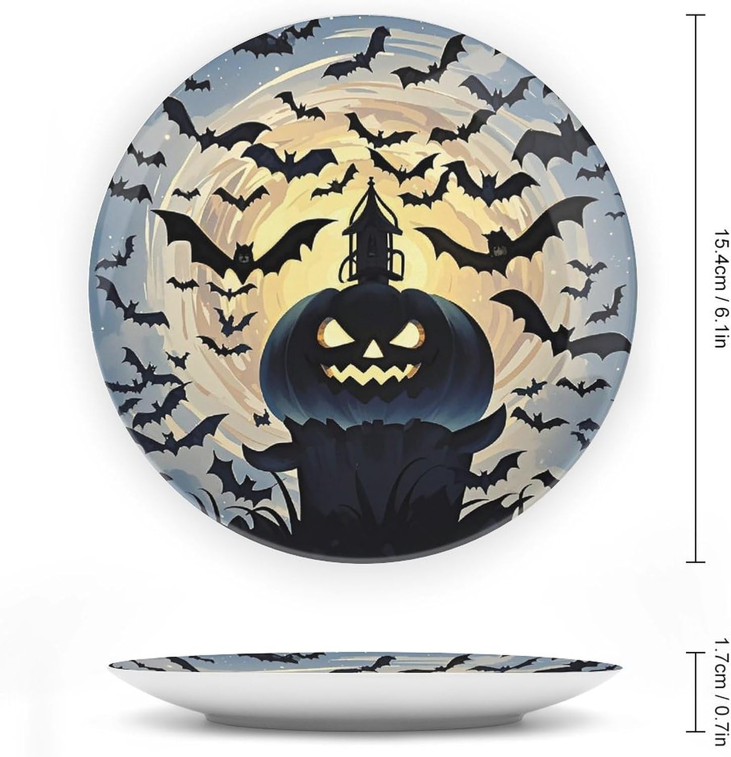 Halloween Bats Ceramic Decorative Plates with Display Stand & Hanger Personalized Porcelain Plate Desktop Ornament for Home Office Living Room Wall Hanging Gifts 6inch image 2