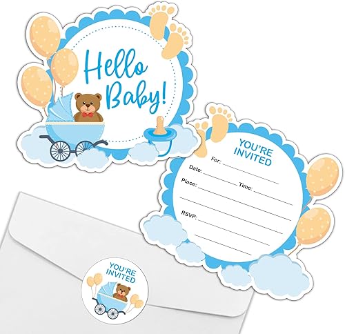 Invitaciones de oso de peluche para baby shower con sobres y calcomanías (juego de 15) invitaciones de relleno en forma de globo de oso azul Hello