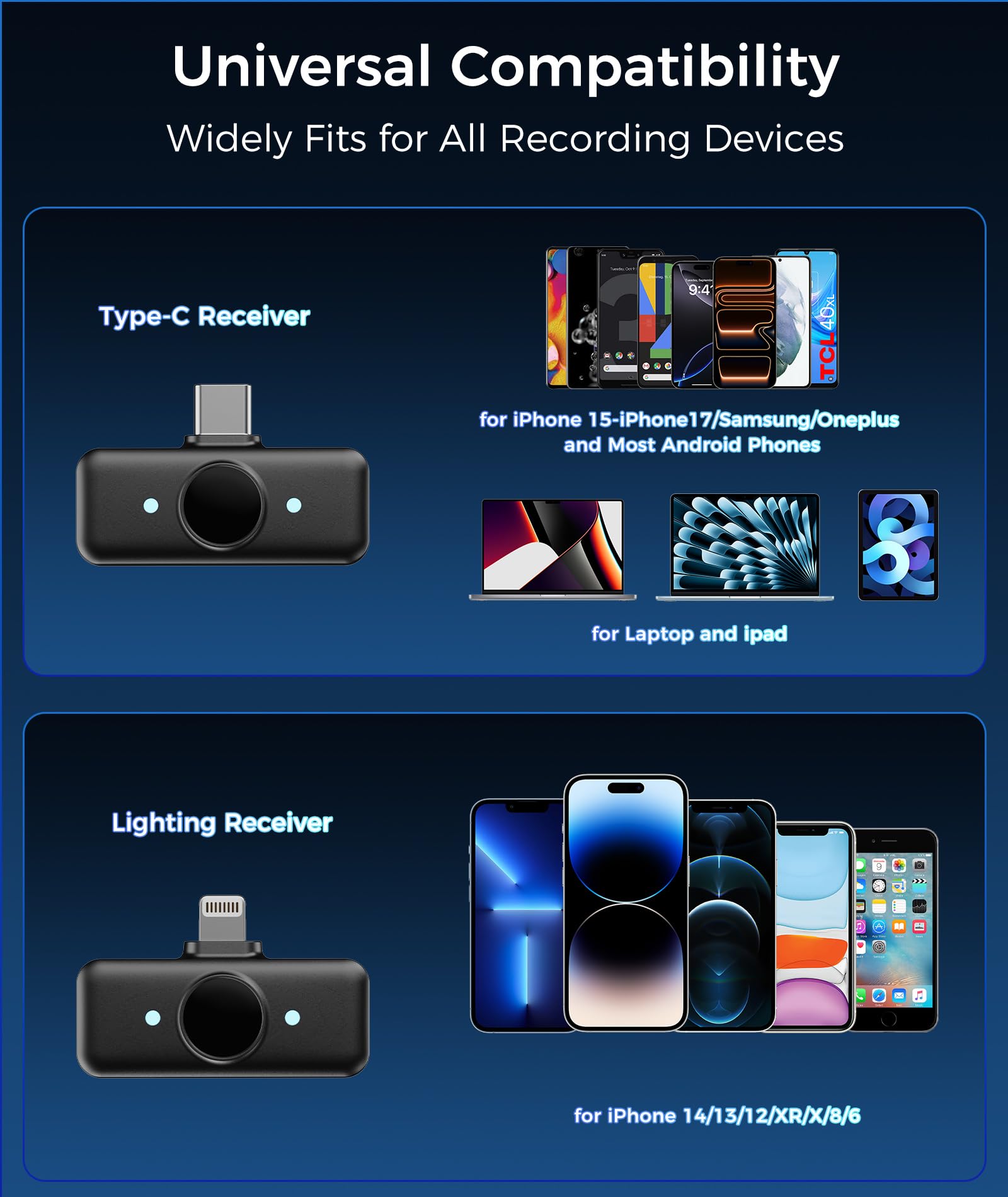 Aceele Microfono Lavalier Wireless Per iPhone/Android/Tablets/PC, Hi-Fi Audio, Anti-rumore, 24H, Portata 50M, Mini Microfono Wireless Magnetico Per Video/Live Streaming/Vlog/Podcast/Interviste